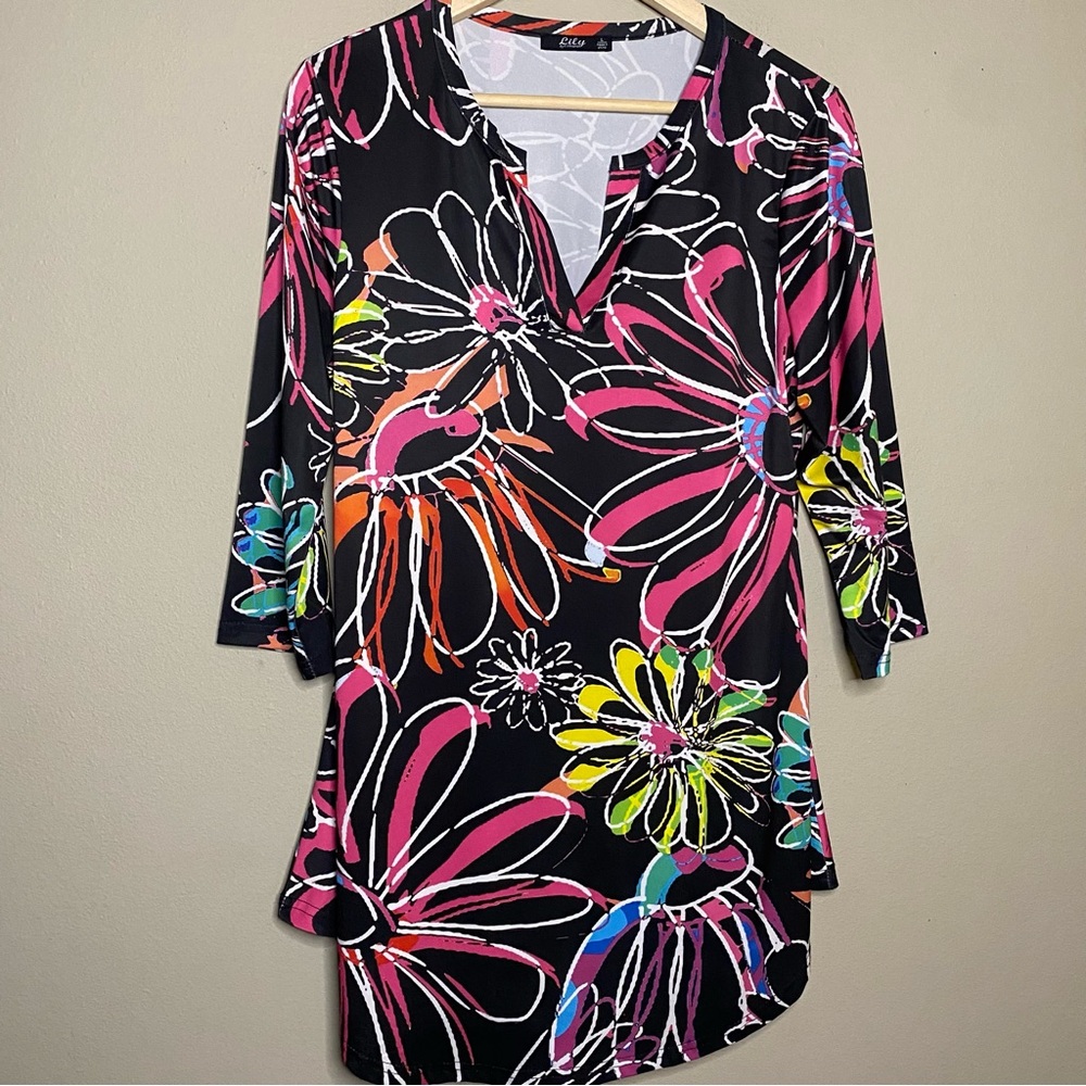 Lily by Firmiana Art To Wear Tunic Women Large Black Pink Floral Watercolor